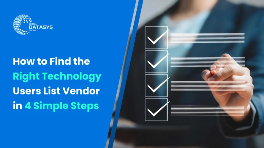 Checklist concept with business professional marking items, illustrating steps to find the right technology users list vendor – Global Datasys Group branding included.
