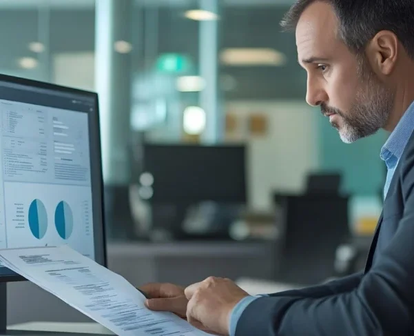 A business professional analyzing data reports on a screen and paper, symbolizing the risks of using low-quality technology user email lists. The image highlights the concept of "Why Cheap Technology User Email Lists Can Cost You More in the Long Run," with the Global Datasys Group logo in the corner.