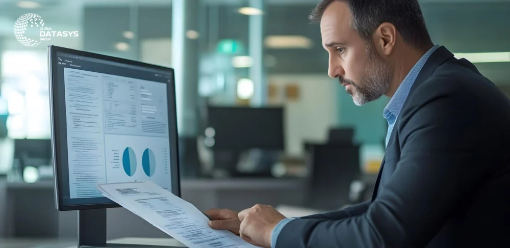 A business professional analyzing data reports on a screen and paper, symbolizing the risks of using low-quality technology user email lists. The image highlights the concept of "Why Cheap Technology User Email Lists Can Cost You More in the Long Run," with the Global Datasys Group logo in the corner.