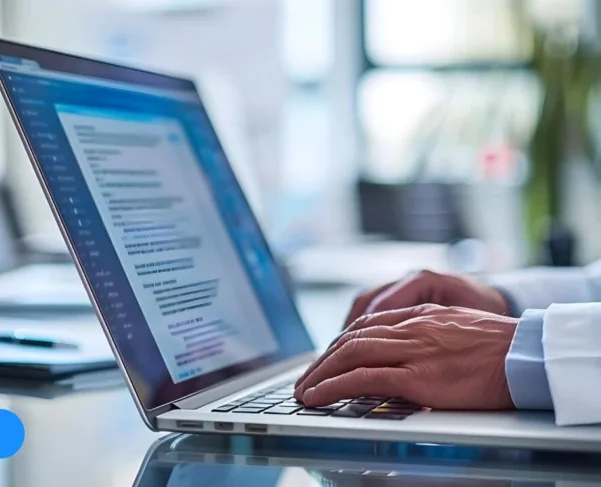 Healthcare professional typing on a laptop in an office setting, symbolizing strategies for enhancing B2B healthcare email marketing.