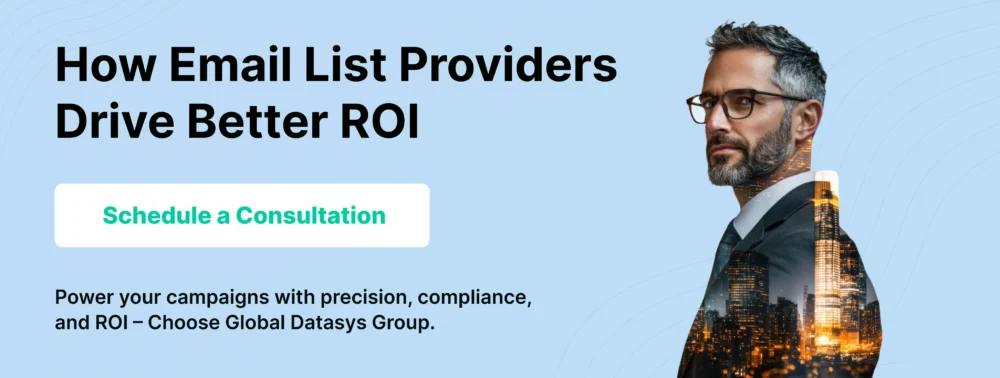 Professional looking at city skyline with text overlay: How Email List Providers Drive Better ROI – Global Datasys Group consultation banner.