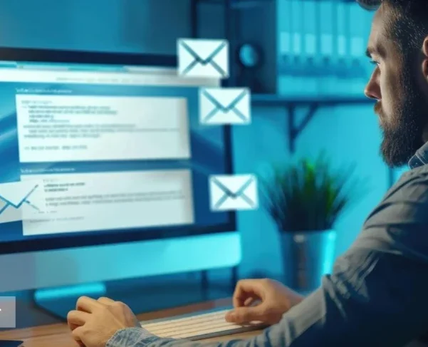 Business professional working on a desktop computer, managing multiple emails, symbolizing email communication and client follow-up. Global Datasys Group branding with hashtag “YourGrowthPartner” is displayed.