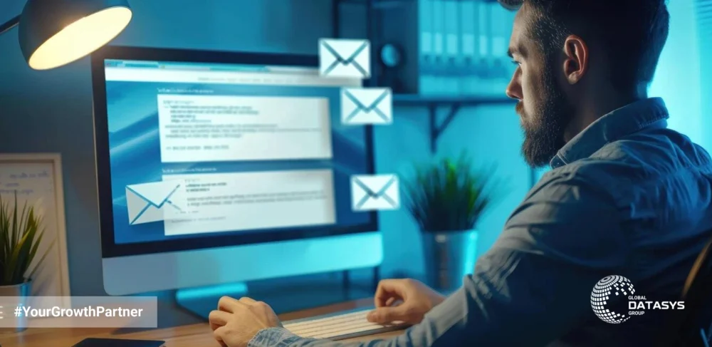 Business professional working on a desktop computer, managing multiple emails, symbolizing email communication and client follow-up. Global Datasys Group branding with hashtag “YourGrowthPartner” is displayed.