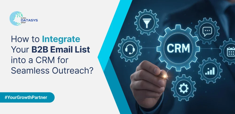 Business professional integrating B2B email list into a CRM system for seamless outreach Global Datasys Group banner showcasing CRM automation and data integration concept.