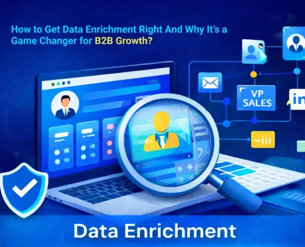 B2B data enrichment illustration showing lead verification, contact profiling, LinkedIn integration, and revenue growth for sales and marketing teams.