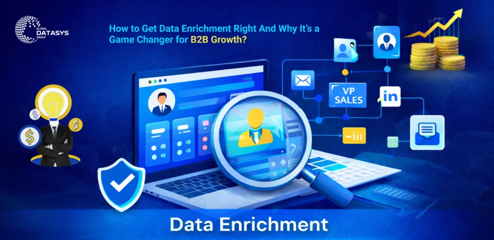 B2B data enrichment illustration showing lead verification, contact profiling, LinkedIn integration, and revenue growth for sales and marketing teams.